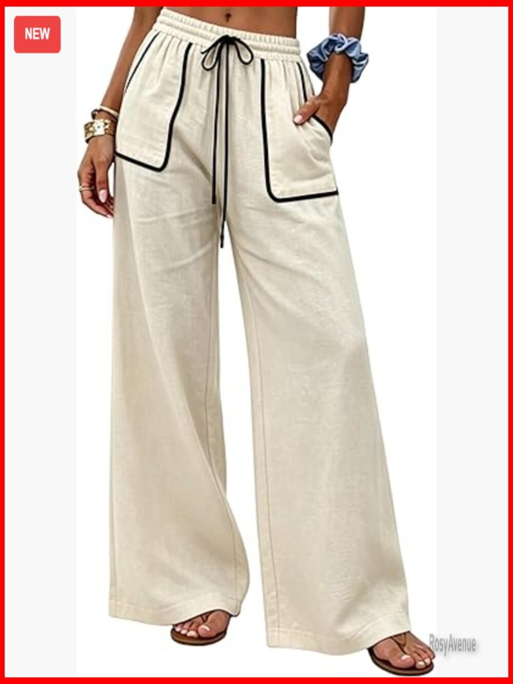 Wide Leg Palazzo Pants with Pockets High Waisted Drawstring Linen Trousers